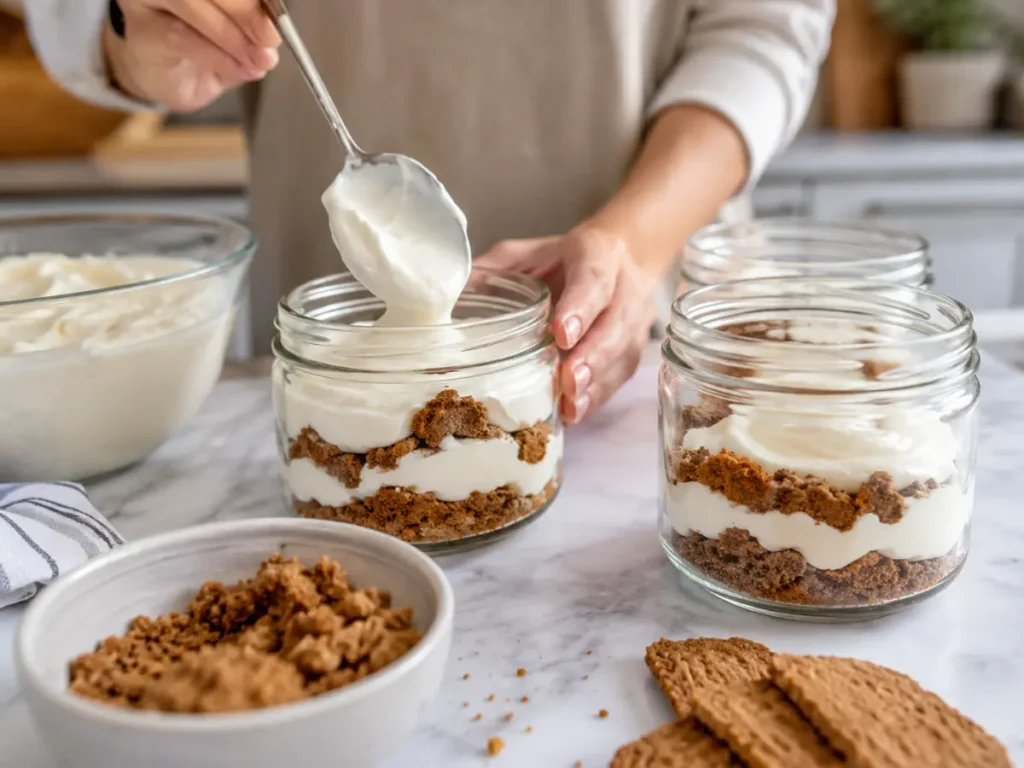 Layering yogurt and cookies into dessert jars