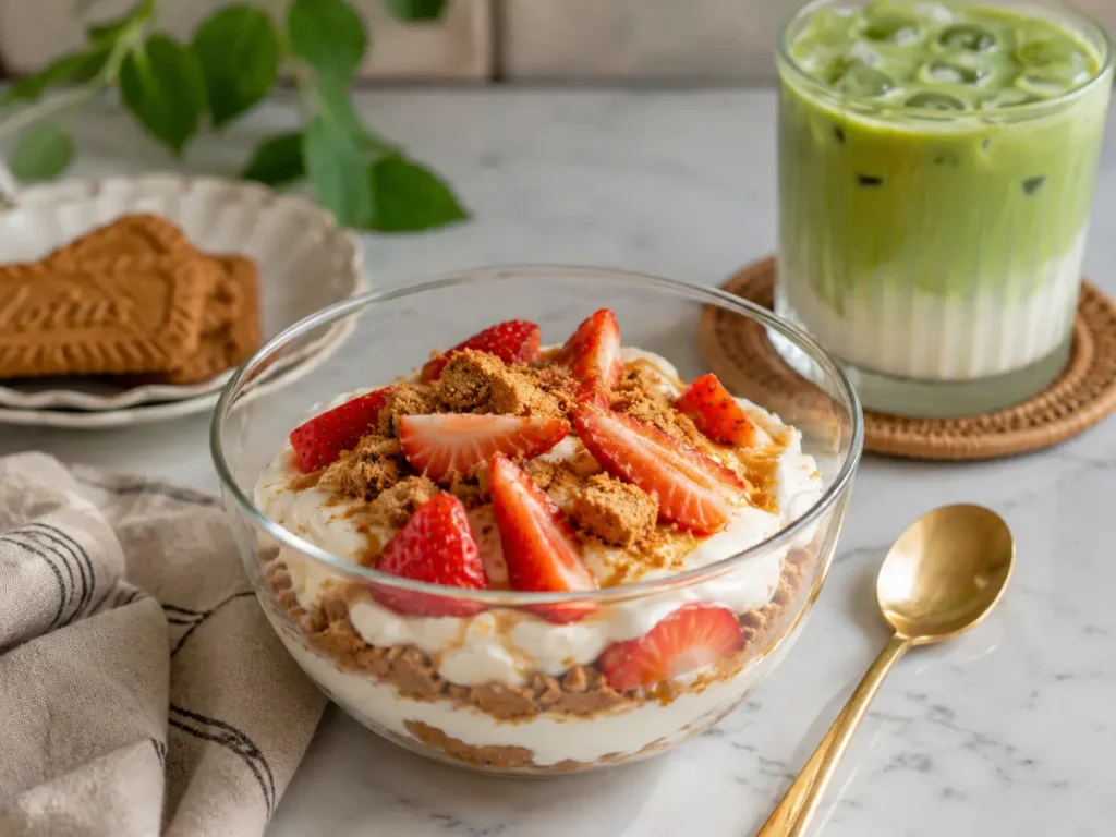 Japanese cheesecake bowl served with matcha latte
