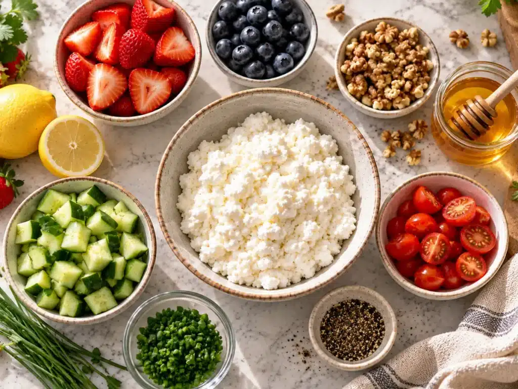What Does Cottage Cheese Mix Well With? 15 Easy Ideas 2 Fresh cottage cheese bowl ingredients with berries, walnuts, cucumber, tomatoes, honey, and herbs