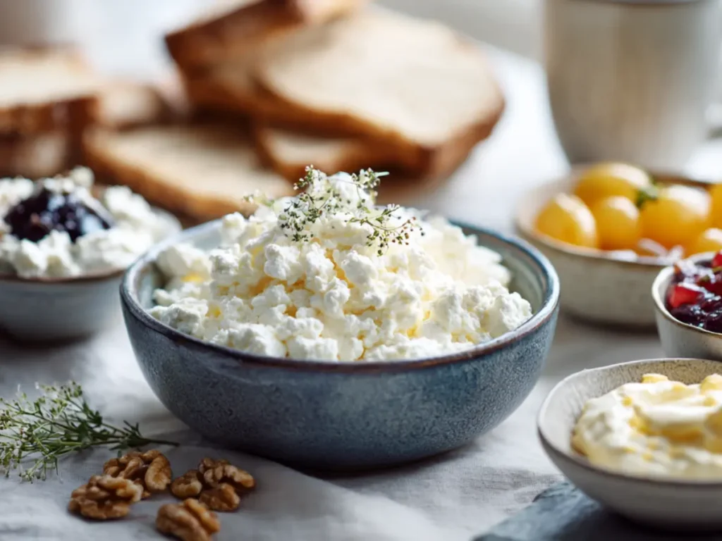 Editorial hero shot of cottage cheese with savory and sweet dishes.