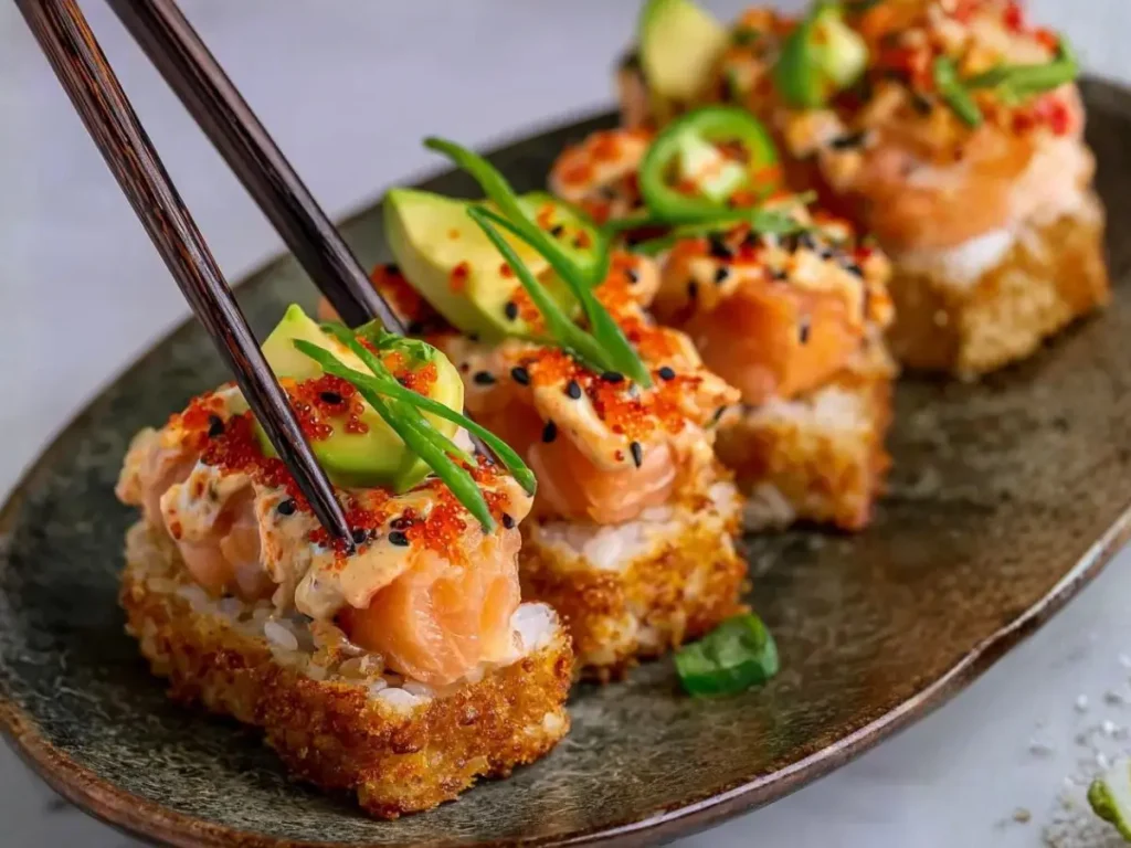 Spicy Salmon Crispy Rice – A Flavor-Packed Appetizer You’ll Crave 3 Close view of crunchy rice bites with creamy spicy salmon and fresh garnishes