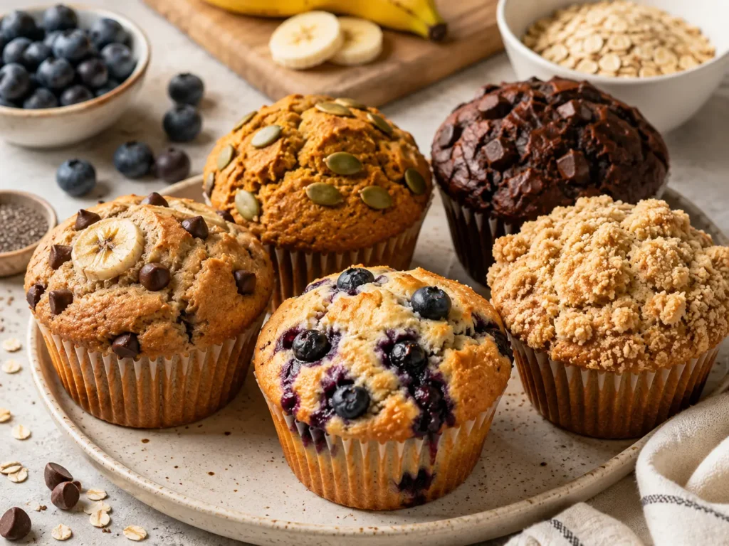 Healthy Muffin Recipes with assorted wholesome homemade muffins