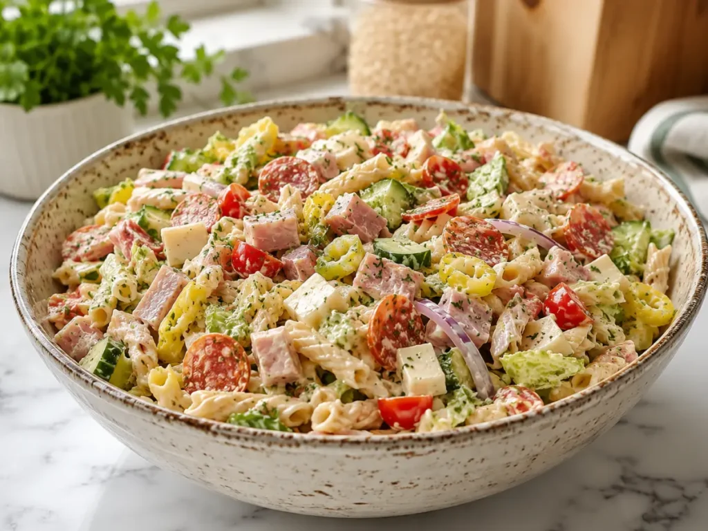 High Protein Grinder Pasta Salad: Ultimate Healthy Italian Lunch for Meal Prep 10 High protein grinder pasta salad served in a rustic bowl with fresh vegetables
