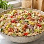 High protein grinder pasta salad served in a rustic bowl with fresh vegetables