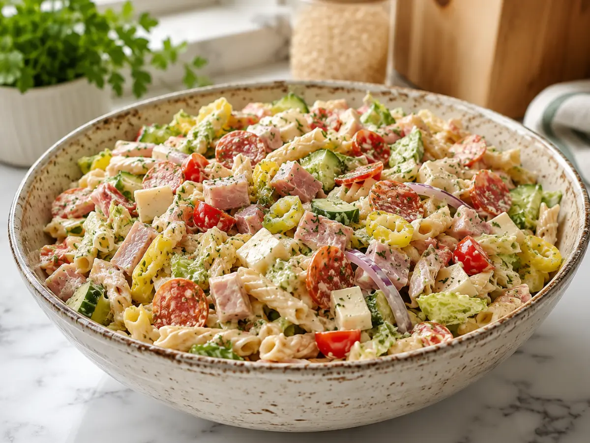 High protein grinder pasta salad served in a rustic bowl with fresh vegetables