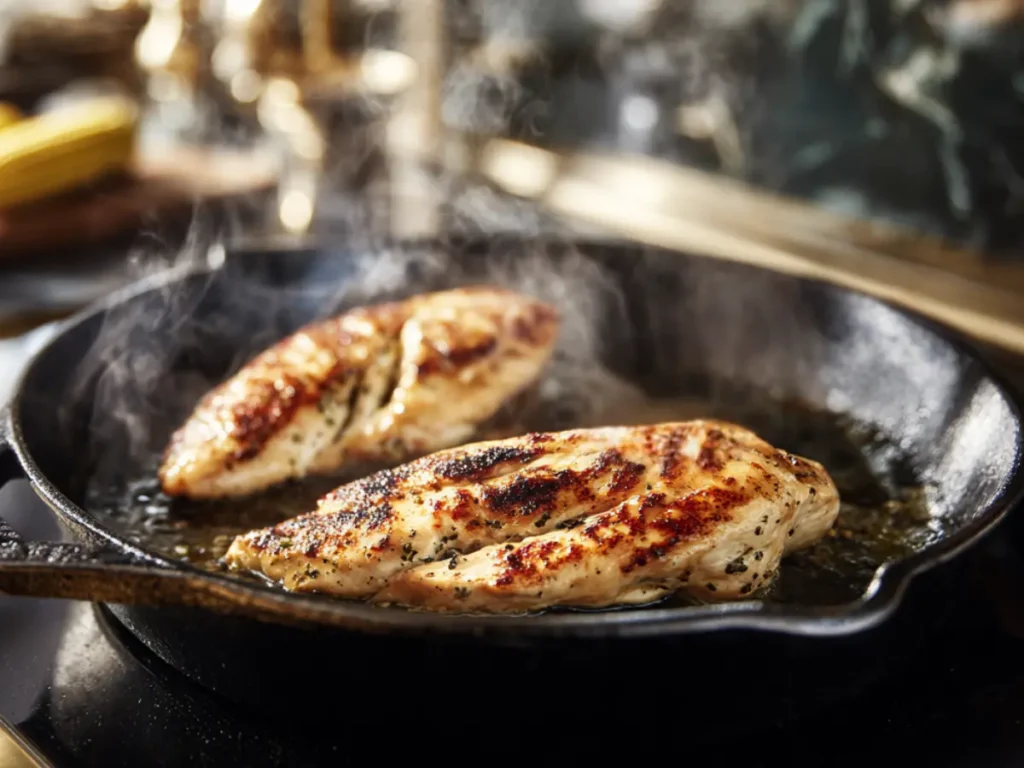 Chicken and roasted corn cooking for a high protein street corn chicken bowl.