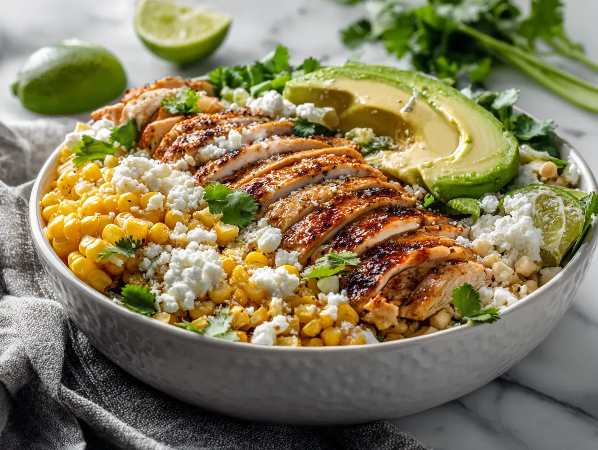 Finished high protein street corn chicken bowl ready to serve.