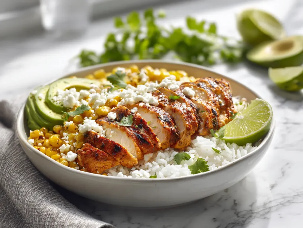 High protein street corn chicken bowl with grilled chicken, roasted corn, rice, avocado, and Cotija cheese.