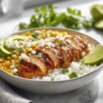 High protein street corn chicken bowl with grilled chicken, roasted corn, rice, avocado, and Cotija cheese.