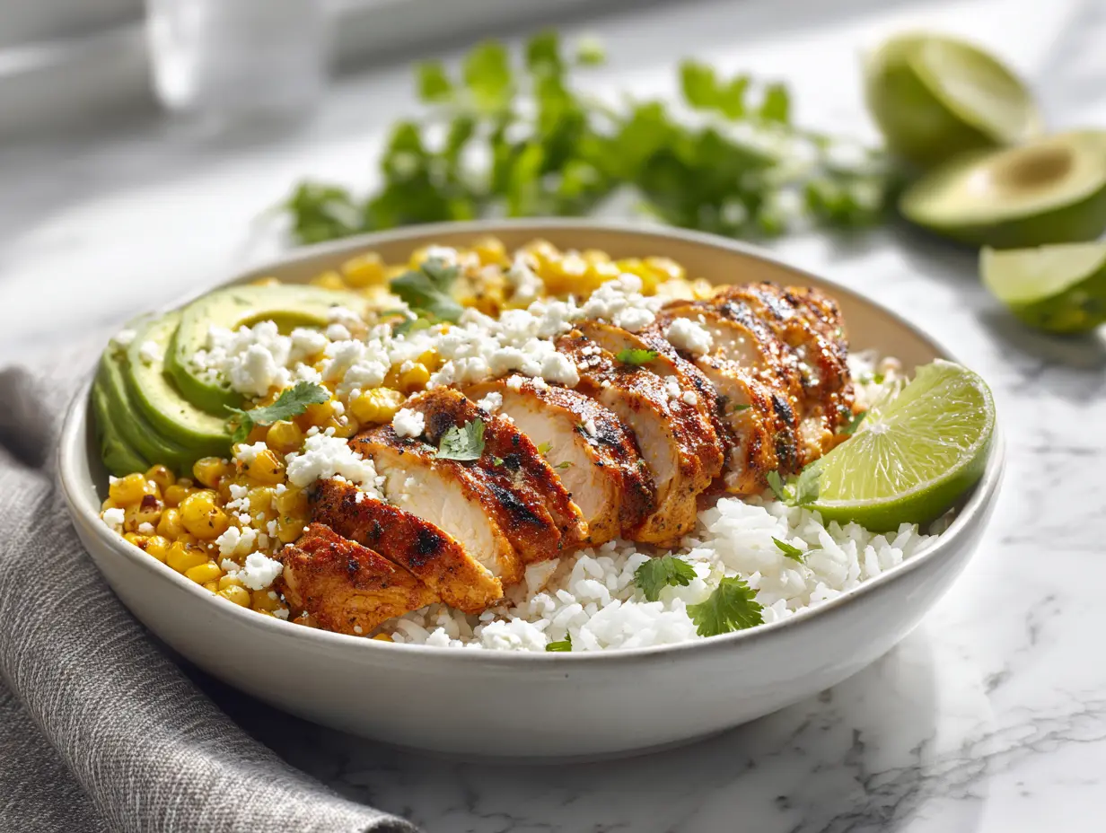 High protein street corn chicken bowl with grilled chicken, roasted corn, rice, avocado, and Cotija cheese.