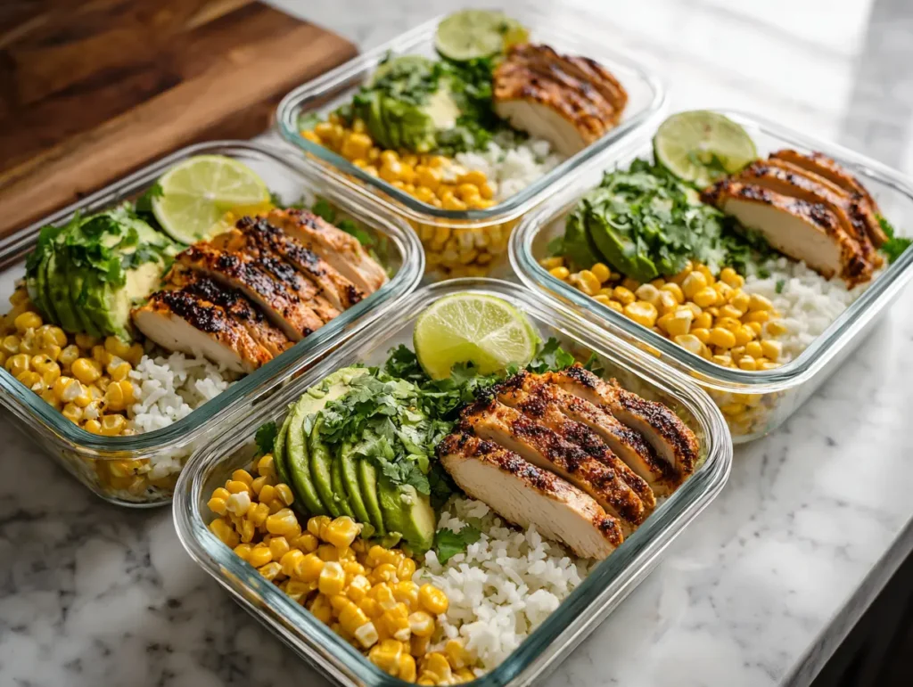 High protein street corn chicken bowl prepared for healthy meal prep.
