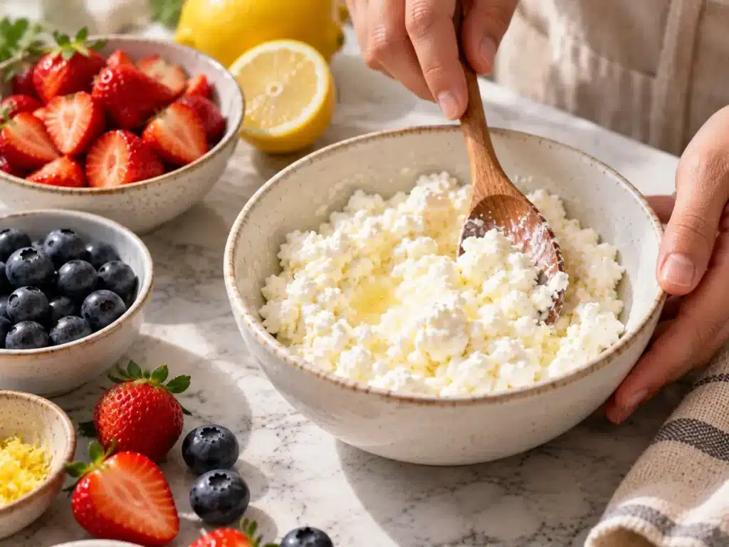 What Does Cottage Cheese Mix Well With? 15 Easy Ideas 3 Hands gently mixing cottage cheese with lemon juice in a ceramic bowl on a marble countertop