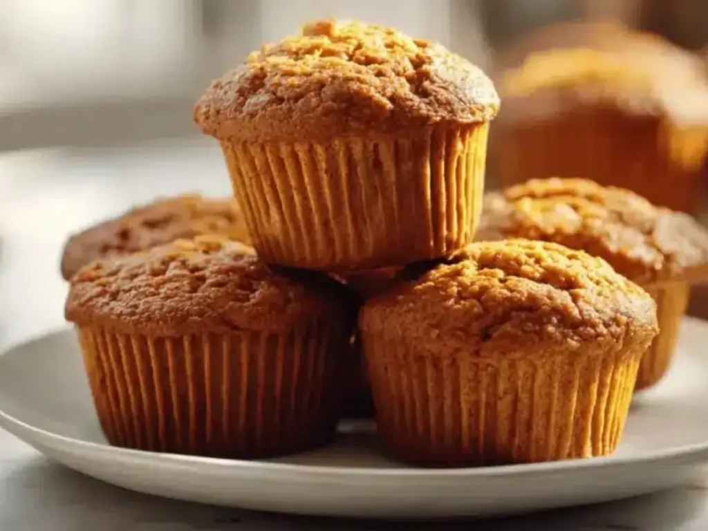 Pumpkin protein muffins stacked on a plate under warm light.