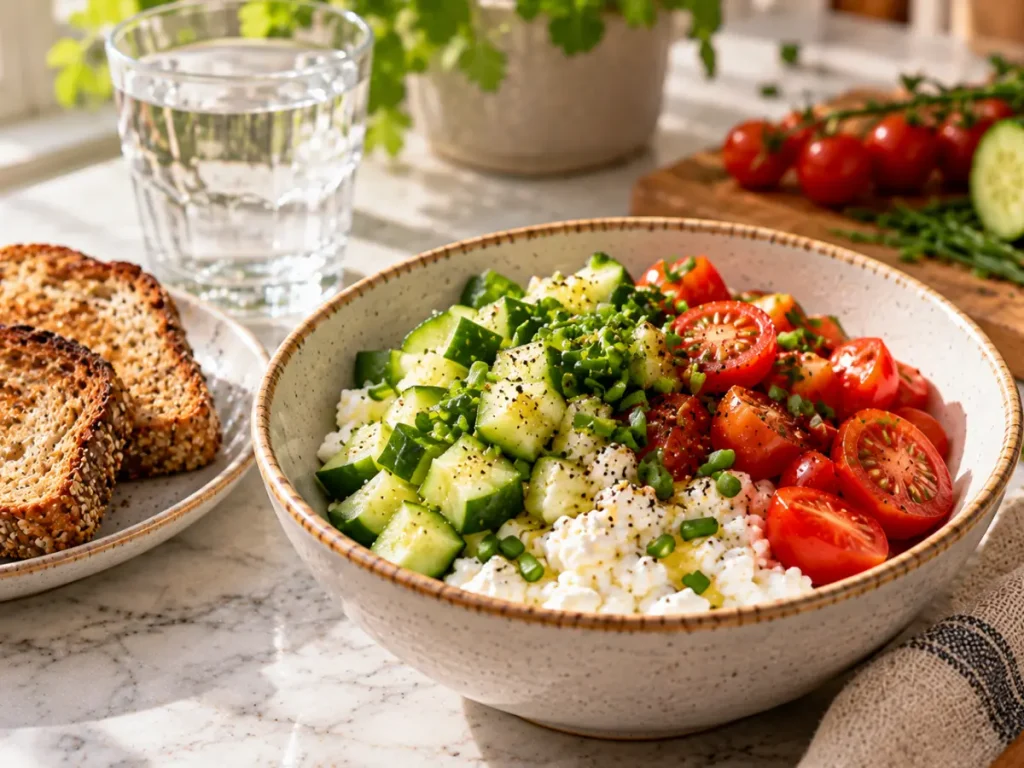 What Does Cottage Cheese Mix Well With? 15 Easy Ideas 5 Savory cottage cheese bowl with cucumber, cherry tomatoes, chives, and whole grain toast