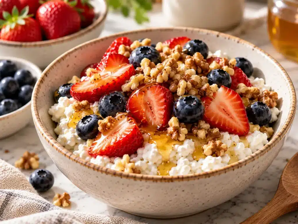 What Does Cottage Cheese Mix Well With? 15 Easy Ideas 4 Finished cottage cheese breakfast bowl topped with strawberries, blueberries, honey, and walnuts
