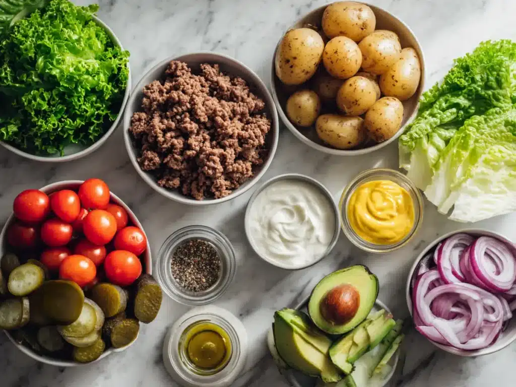 High Protein Burger Bowl: Easy Recipe for a Flavor Packed Meal 2 Fresh ingredients prepared for a homemade high protein burger bowl