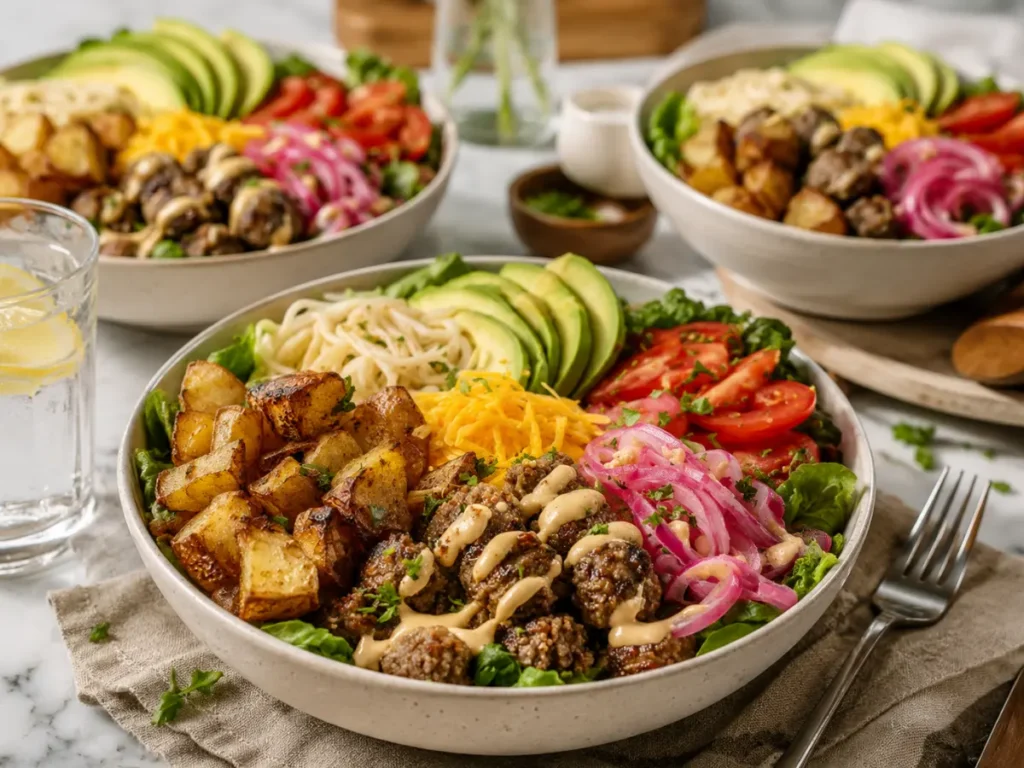 High Protein Burger Bowl: Easy Recipe for a Flavor Packed Meal 5 Serving homemade burger bowls for dinner