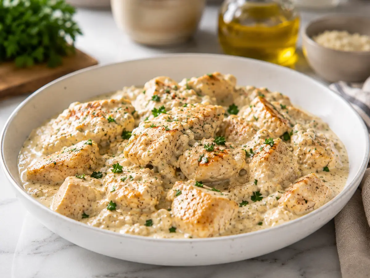 Chicken cottage cheese recipe with creamy Parmesan sauce and fresh parsley