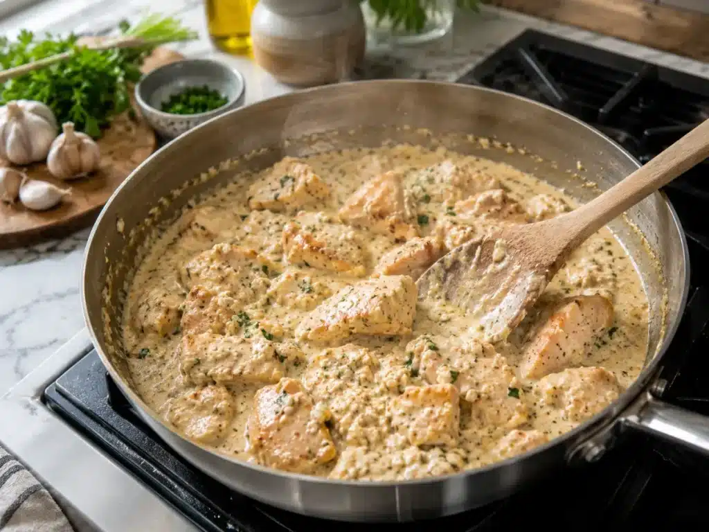 Chicken cooking gently in a creamy blended cottage cheese sauce