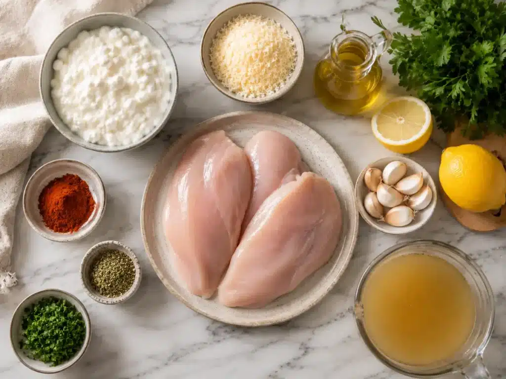 Ingredients prepared for creamy chicken with cottage cheese sauce