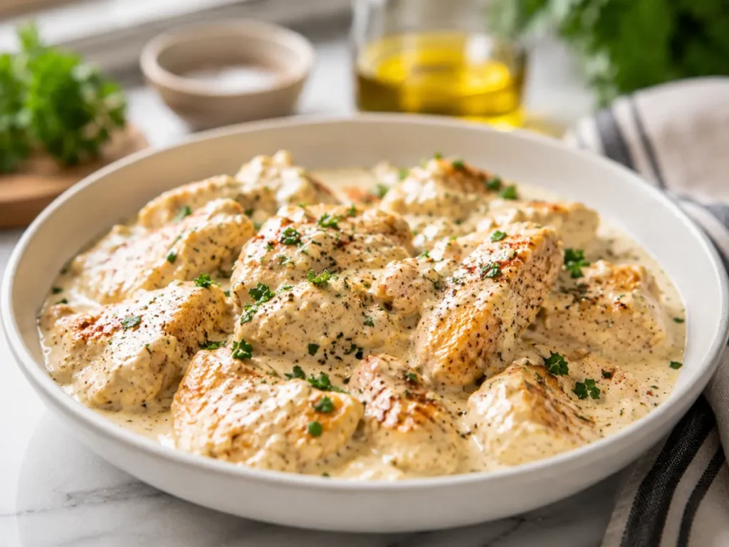 Finished creamy cottage cheese chicken with Parmesan and parsley