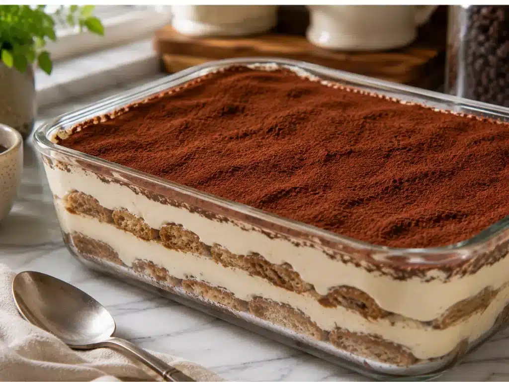 Protein Tiramisu: Easy, Creamy and Better 3 Chilled tiramisu with smooth cream, tender coffee layers, and dark cocoa topping