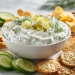 Dill pickle dip with greek yogurt served with fresh vegetables and crackers