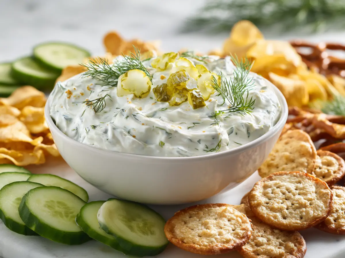 Dill pickle dip with greek yogurt served with fresh vegetables and crackers