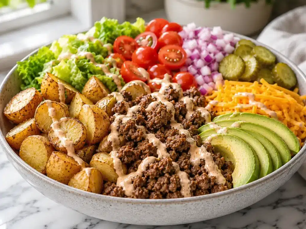 High Protein Burger Bowl: Easy Recipe for a Flavor Packed Meal 4 Finished burger bowl with balanced textures and fresh toppings