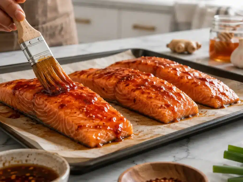Applying glaze to salmon before baking