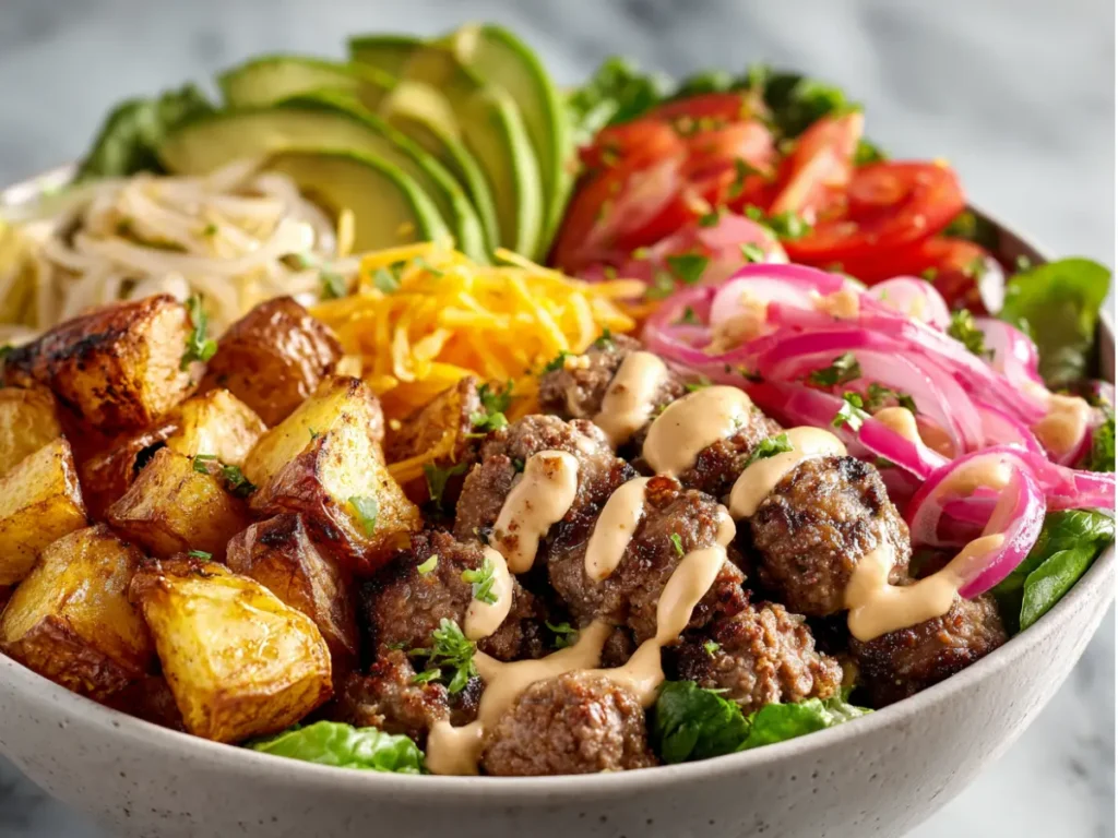 High protein burger bowl with lean beef, vegetables, potatoes, and creamy yogurt sauce