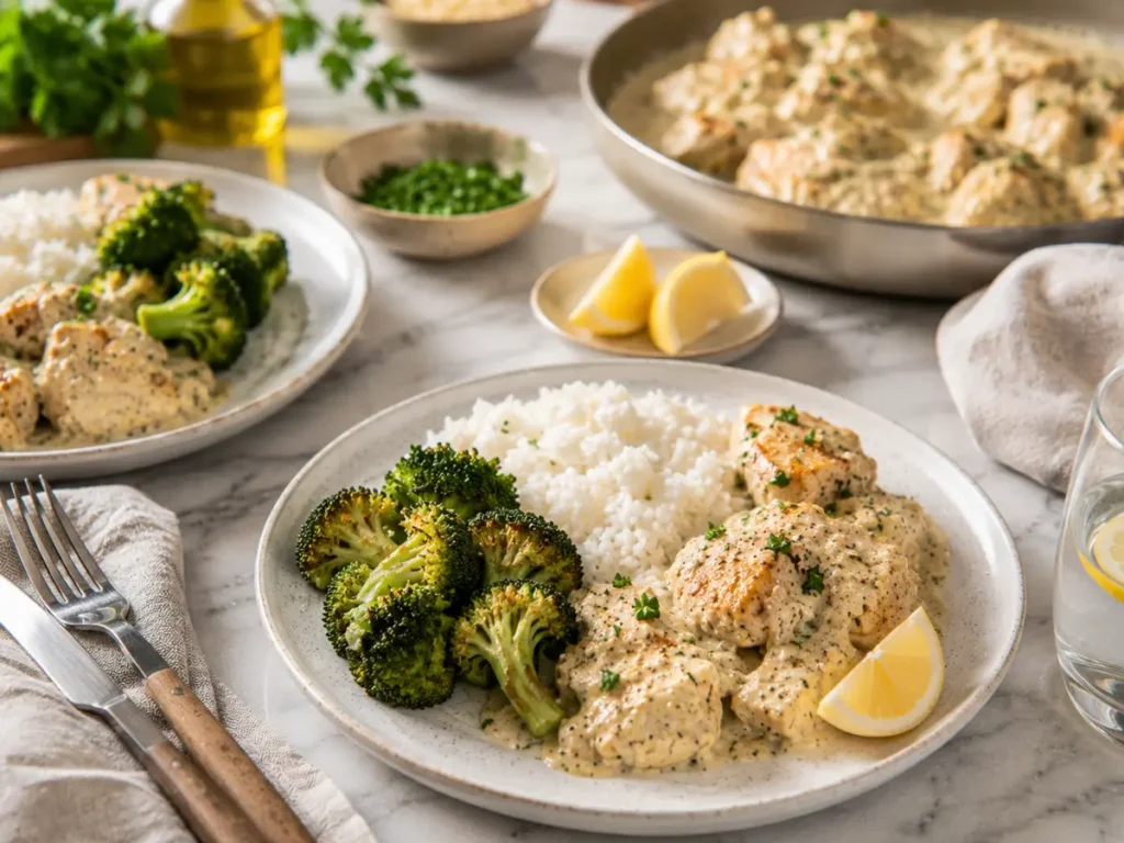 Creamy cottage cheese chicken served with broccoli and rice