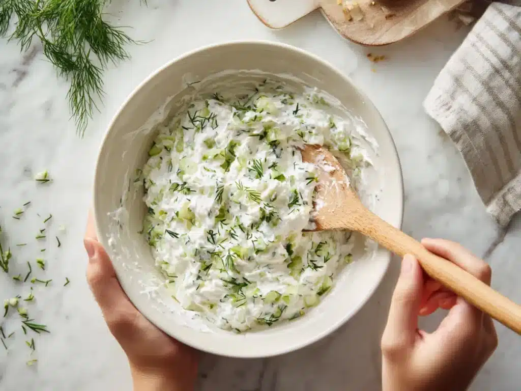 Dill Pickle Dip with Greek Yogurt: The Best Creamy Party Dip 3 Mixing dill pickle dip in a white bowl