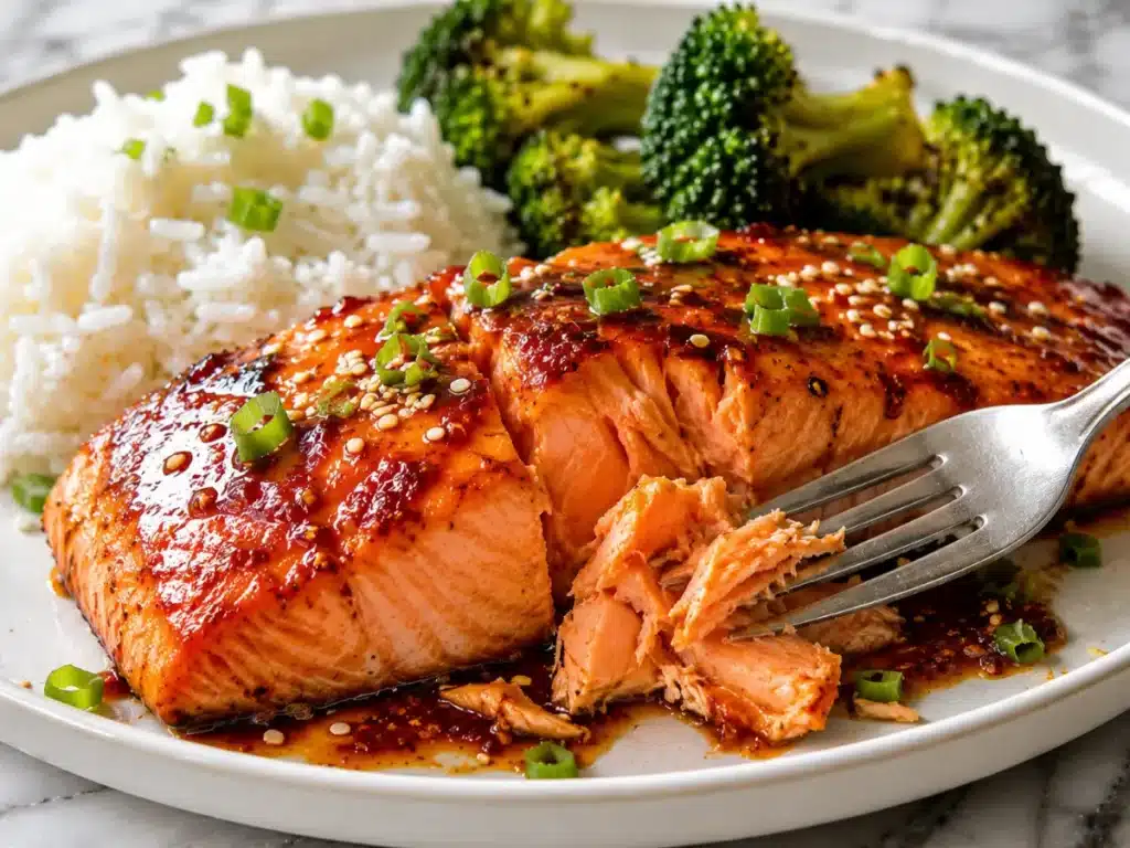Perfectly cooked glazed salmon with flaky texture