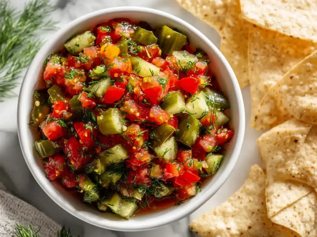 Pickle de Gallo: The Fresh Pickle Salsa Everyone Loves 4 Finished dill pickle salsa in serving bowl