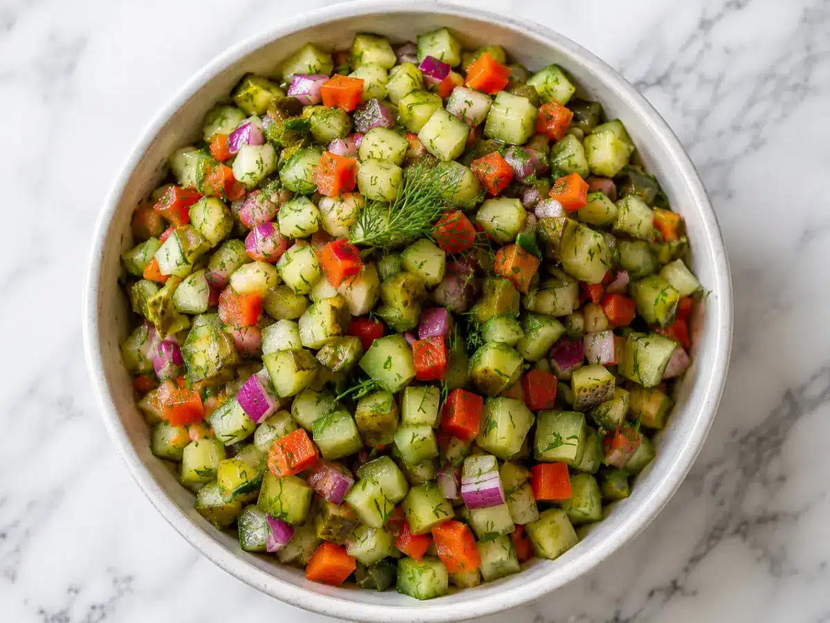Pickle de gallo served in a white bowl with fresh vegetables