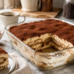 Protein Tiramisu with creamy layers, coffee soaked ladyfingers, and cocoa