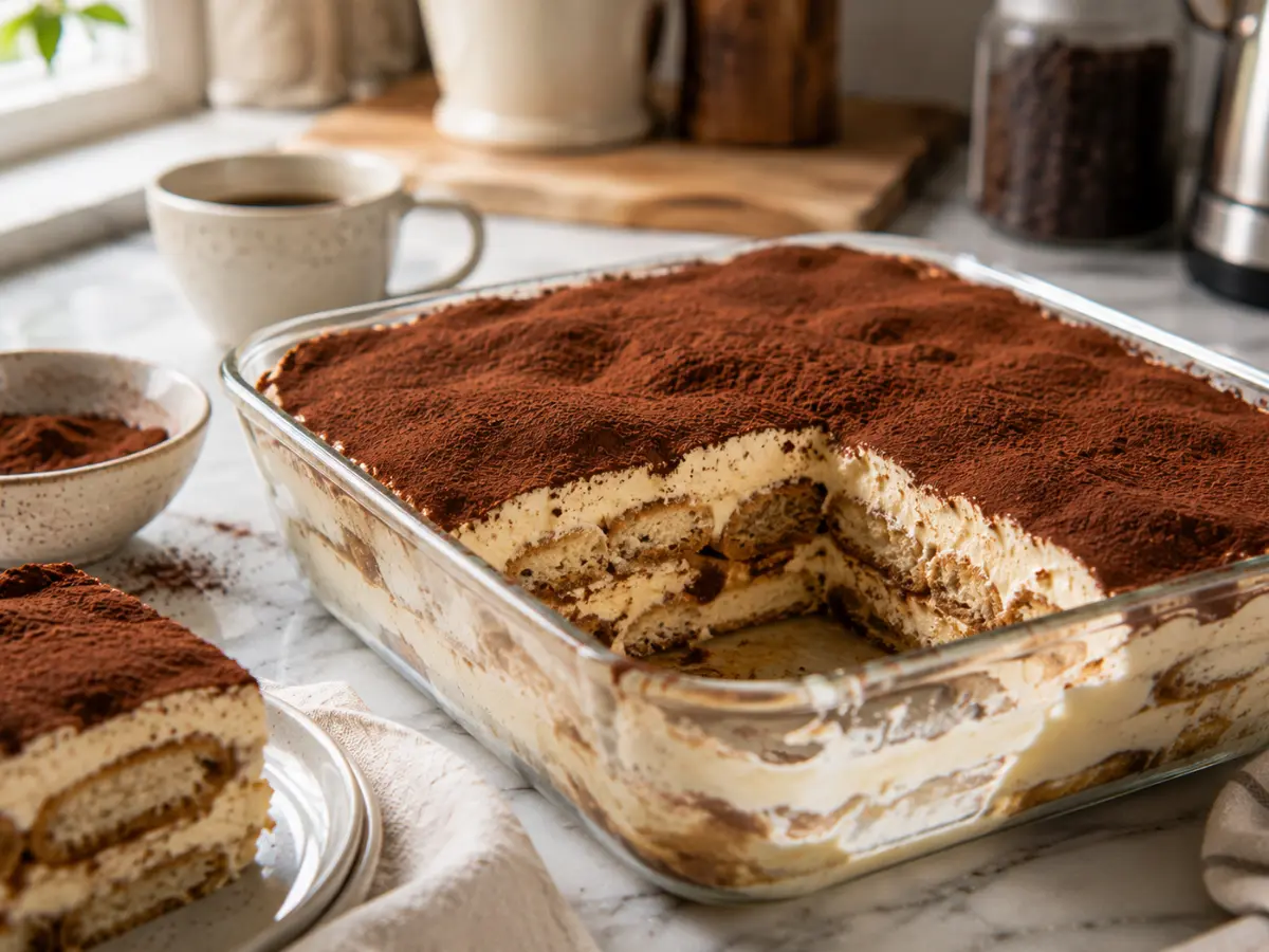 Protein Tiramisu with creamy layers, coffee soaked ladyfingers, and cocoa