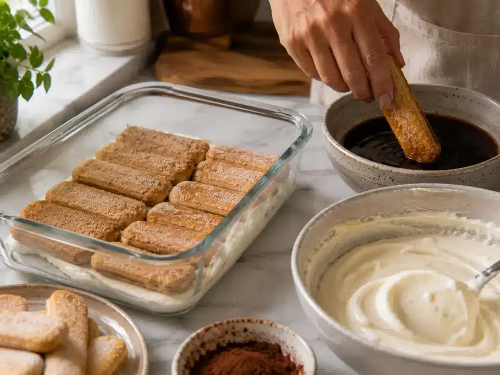 Protein Tiramisu: Easy, Creamy and Better 2 Ladyfinger being dipped quickly into coffee while assembling creamy tiramisu layers