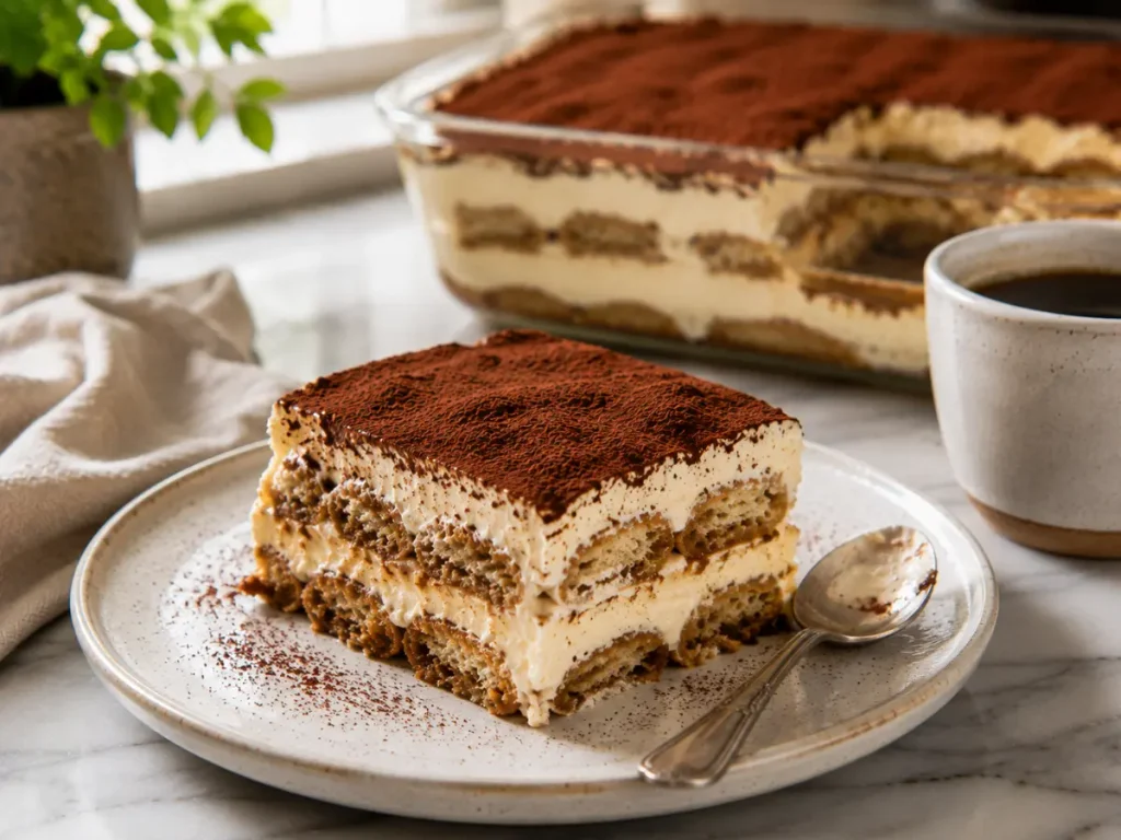 Protein Tiramisu: Easy, Creamy and Better 4 A creamy slice of coffee and cocoa tiramisu served with a fresh cup of coffee