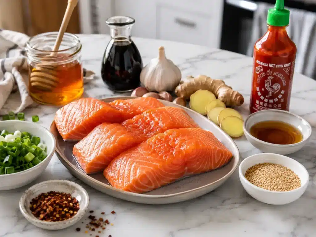 Fresh ingredients prepared for homemade Sweet and spicy salmon recipe