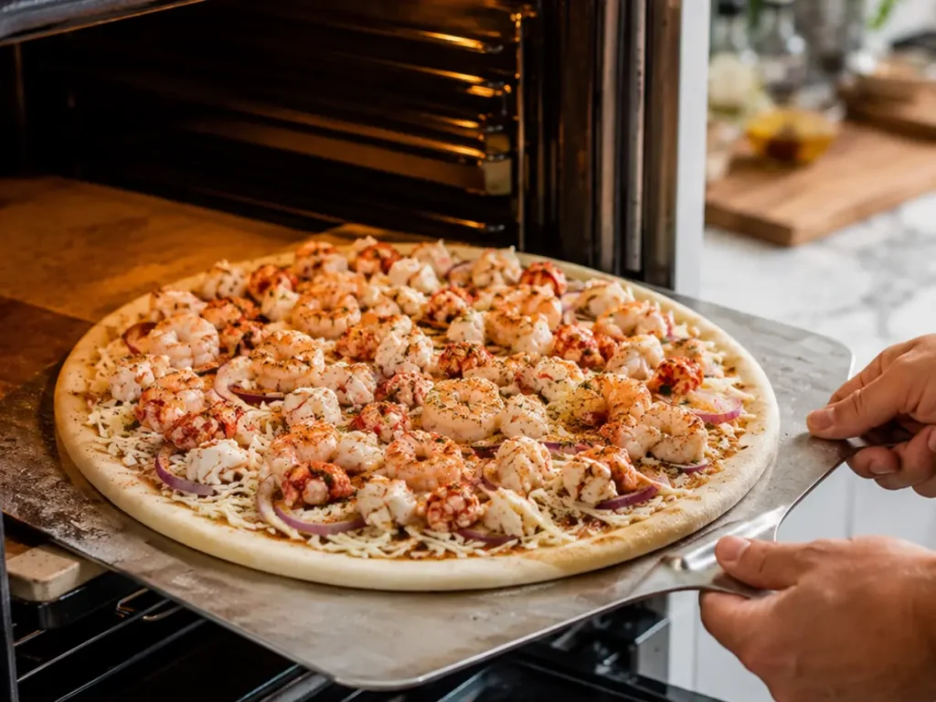Placing seafood boil pizza into a hot oven.