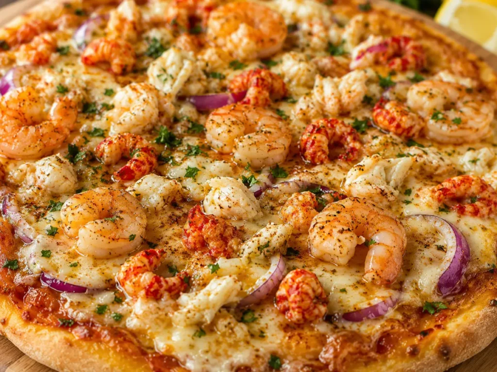 Finished seafood pizza with garlic butter and herbs.