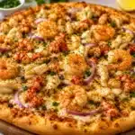 Seafood boil Pizza topped with shrimp, crab, crawfish, and garlic butter.
