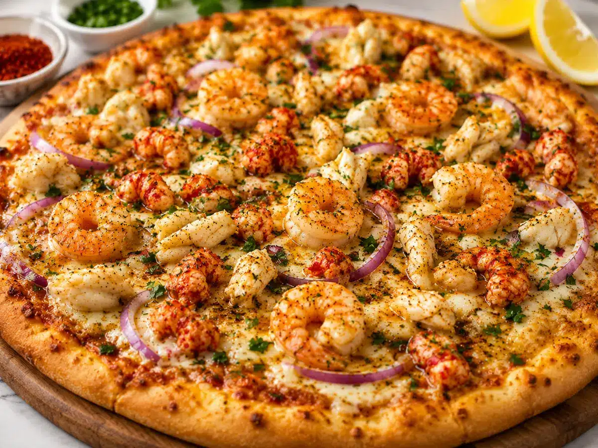 Seafood boil Pizza topped with shrimp, crab, crawfish, and garlic butter.