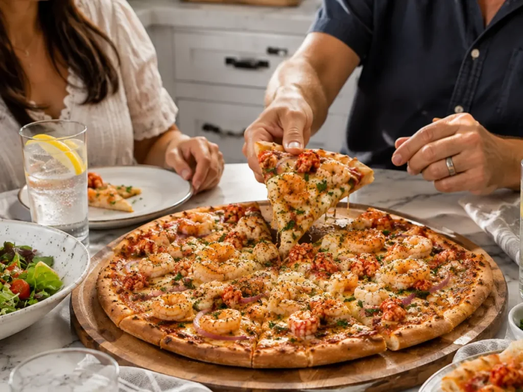 Seafood pizza served with salad and sparkling water.