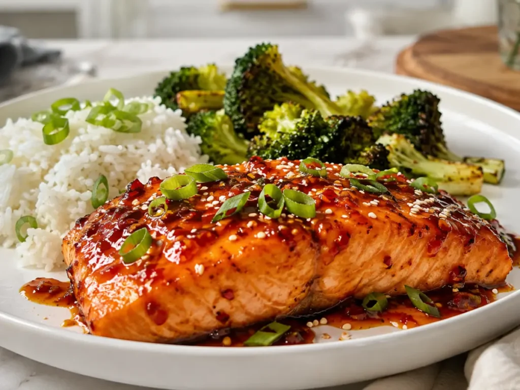 Sweet and spicy salmon recipe served with rice and roasted broccoli