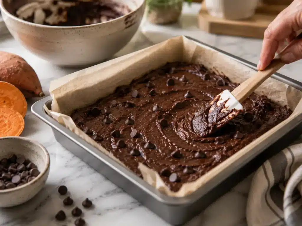 Chocolate sweet potato brownie batter spread into a parchment lined baking pan