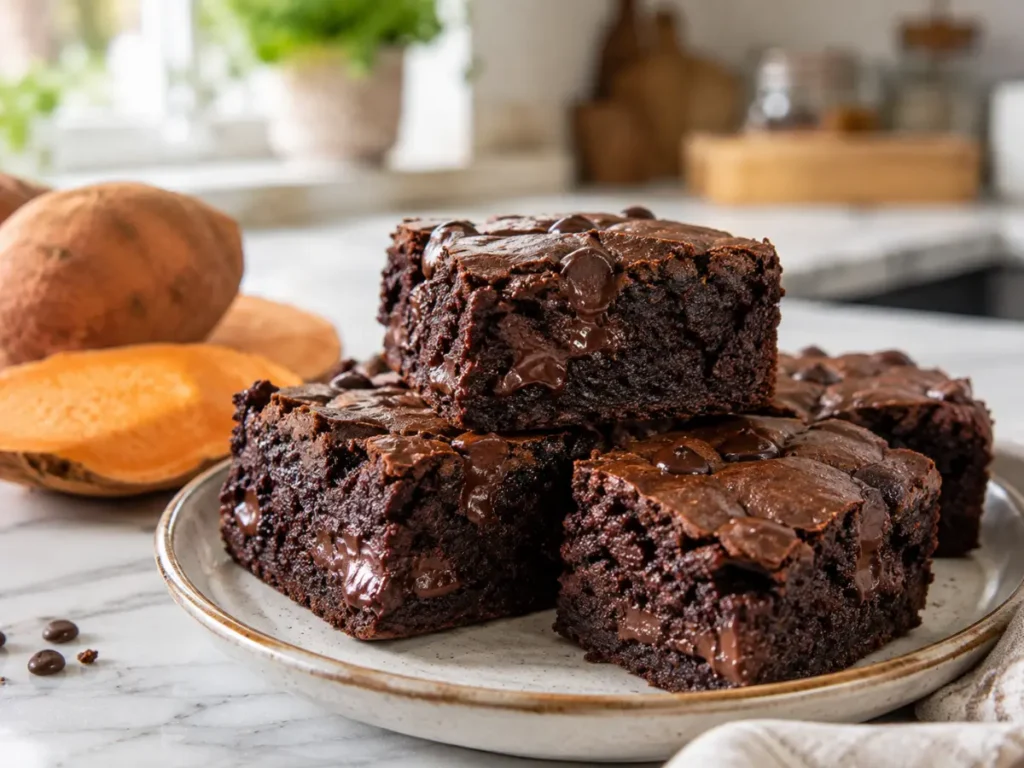 Sweet Potato Brownies: An Easy, Fudgy Chocolate Treat 8 Sweet potato Brownies with fudgy chocolate centers and melted dark chocolate chips