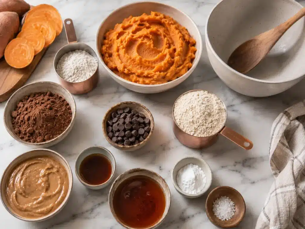 Ingredients for homemade sweet potato brownies arranged on a marble countertop
